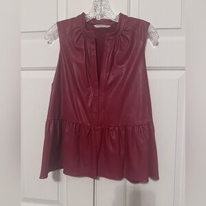 Amanda Uprichard Red Ruffled Sleeveless Blouse Crimson Red Faux Leather Size L